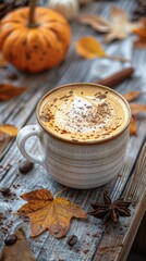 Fototapeta premium Vertical image of Hot pumpkin latte in a transparent glass with delicious foam, on a wooden table. Delicious milky autumn pumpkin drink