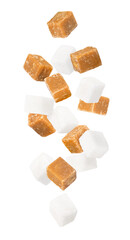 White sugar and brown sugar cubes flying in the air isolated on white background.