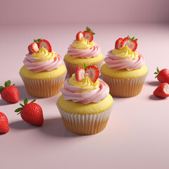 3D Vegan Lemon Strawberry Cupcakes. Strawberry Topped Cupcakes. Strawberry on fork topping freshly baked cupcakes