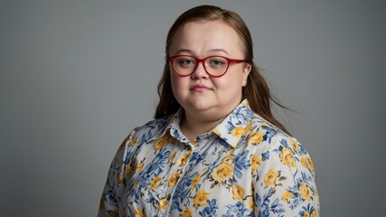 A studio portrait of a young woman with Down syndrome wearing red glasses and a floral shirt, looking confident and composed.
