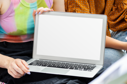 Laptop transparent screen png mockup, students working together