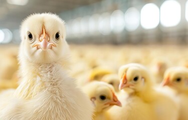 Close-up of a curious chick in a large flock inside a spacious, well-lit poultry farm, highlighting the farming environment.
