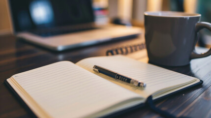 A motivational quote elegantly written on a notebook placed on a sleek modern desk, surrounded by minimalist decor and soft lighting, creating an inspiring workspace ambiance.