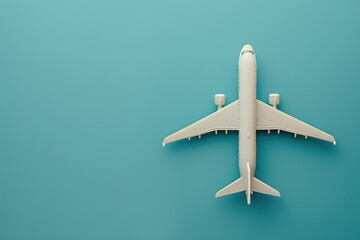 White airplane on blue background. Top view of passenger plane on color background. Traveling or transportation concept. Generated AI