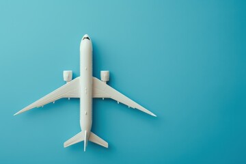 White airplane on blue background. Top view of passenger plane on color background. Traveling or transportation concept. Generated AI