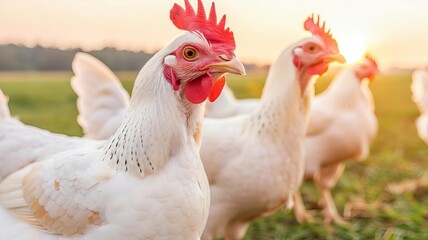 Fototapeta premium Group of white chickens roaming freely in a green field during sunset, highlighting free-range farming and natural poultry lifestyle.