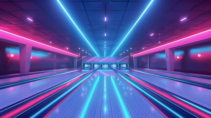 a bowling alley lane with neon lights