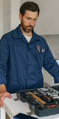 Professional handyman standing on home kitchen and looking on open tool bag with