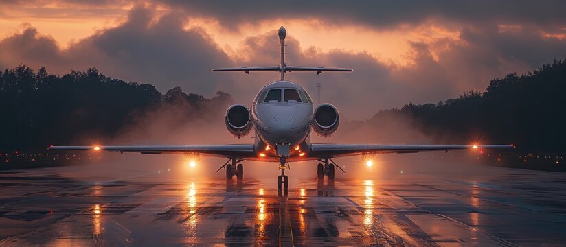 Private Jet on the Runway at Sunset