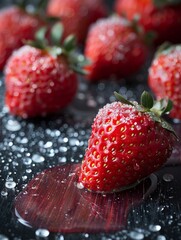Macro Shots of Fresh Strawberries with Juicy Water Droplets