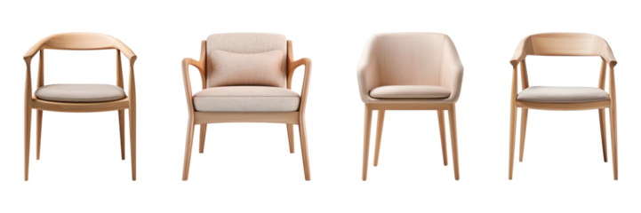 Scandinavian Armchair with Beige Fabric Cushion and Wooden Frame Set. Isolated on Background