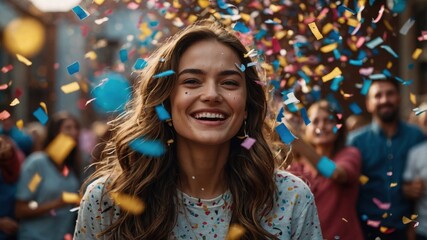 A joyful woman with long, wavy hair smiles broadly as she celebrates amidst a crowd, surrounded by colorful confetti.
