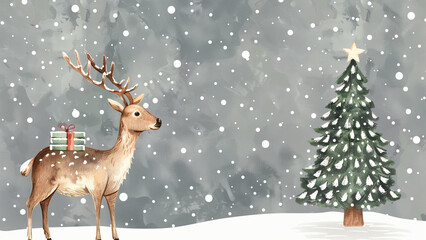 Festive Whimsy: A Retro Christmas Card with Elk and Tree