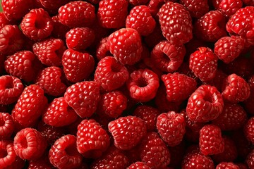 Background of fresh sweet red raspberries arranged close-up. Raspberry fruit background. Beautiful simple AI generated image in 4K, unique.