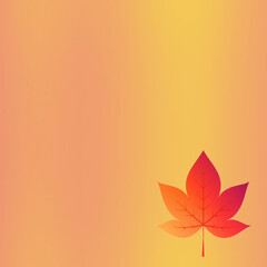 Fototapeta premium サーモンピンクの縦グラデーション背景に、右下んい紅葉の葉が一枚描かれている。