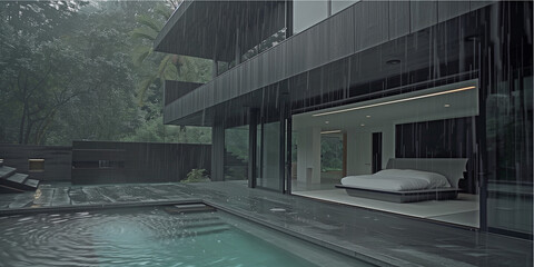 bedroom, black tones, dark background, large windows, foggy forest, haze, fanciful, relaxation, sleepy