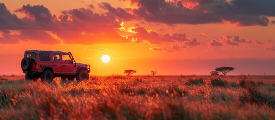 Fototapeta premium Sunset in the Savanna, a Red Jeep Stands Alone