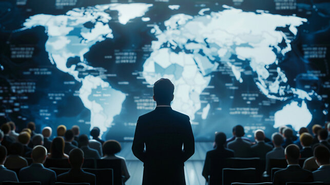 A man stands before an audience, presenting in front of a large world map screen in a modern conference or command center.