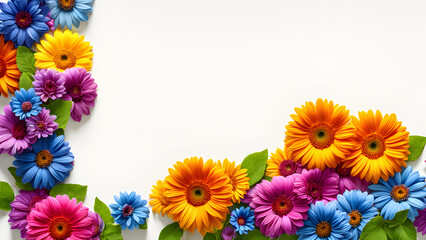 Colorful gerbera flowers on white background with copy space.
