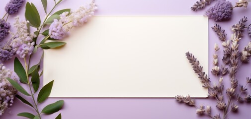 Fototapeta premium Elegant Empty Frame with Eucalyptus Leaves on Lavender and Ivory Background in Flat Lay Style for Graphic Design