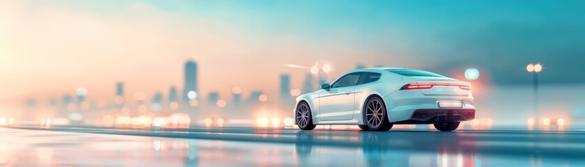 Obraz premium Sleek white car on illuminated city street