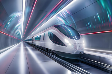 Fototapeta premium Futuristic High-Speed Train in Illuminated Tunnel, Modern Transportation, Advanced Railway Technology, Sleek Design, High-Tech Travel, Rapid Transit, Innovation in Public Transport, Dynamic Urban Mobi