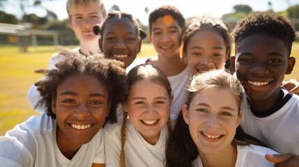 Smiling and joyful teenagers from various cultural backgrounds united on the school soccer field, demonstrating the power of diversity and friendship.