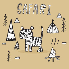 Cute Jungle animal faces,Cute animal faces,Hand drawn doodle characters,Vector illustration, safari animal, lion ,tiger, giraffe ,crocodile,Cute animal