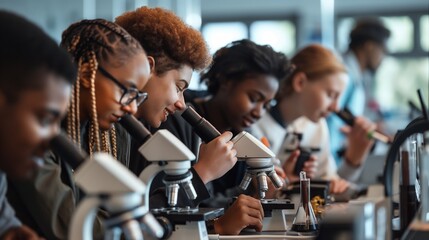 A group of enthusiastic high school students, representing various nationalities, engage in a hands-on science experiment, utilizing microscopes to study samples in a bright laboratory setting