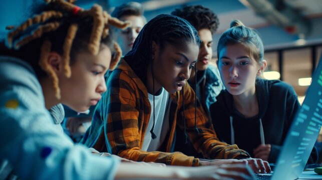 A diverse group of high school students collaborate on a coding project in a modern classroom, focusing on a laptop screen as they develop their programming skills and work together to solve problems