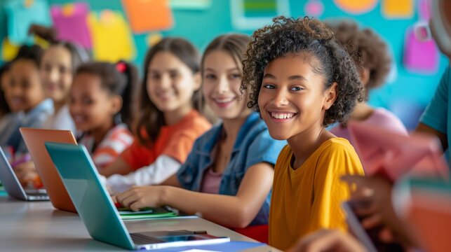 Teenagers in a high school classroom participate in a group coding activity, utilizing laptops to explore programming concepts and develop their technical skills in a interactive learning environment