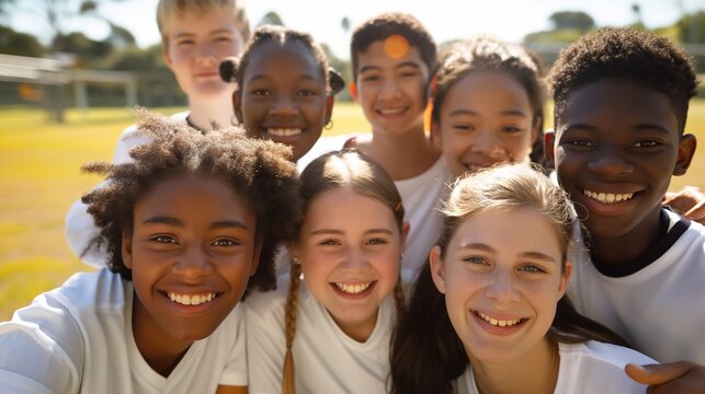 Smiling and joyful teenagers from various cultural backgrounds united on the school soccer field, demonstrating the power of diversity and friendship.
