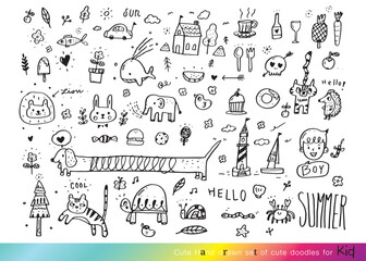 Collection of hand drawn cute doodles,Doodle children drawing,Sketch set of drawings in child style,Funny Doodle Hand Drawn,Page for coloring, cute animal hand drawn, cute Doodle