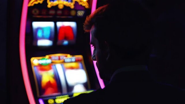 Man playing a slot machine in casino silhouette. Las Vegas Slot Gambling Addiction. Men Playing Traditional Slot Machine. Gaming lucky casino entertainment 4k video