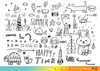 Naklejka premium Collection of hand drawn cute doodles,Doodle children drawing,Sketch set of drawings in child style,Funny Doodle Hand Drawn,Page for coloring, cute animal hand drawn, cute Doodle