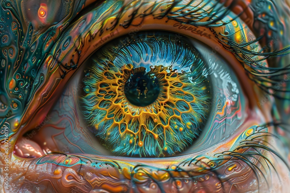 Poster close up of eye with cosmic reflection surreal and captivating digital art with vibrant starry effec