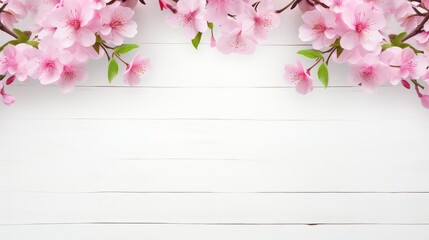 Spring cherry blossom background with wooden board