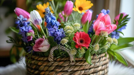 Obraz premium Bright and cheerful spring flowers in a basket, showcasing their vivid colors