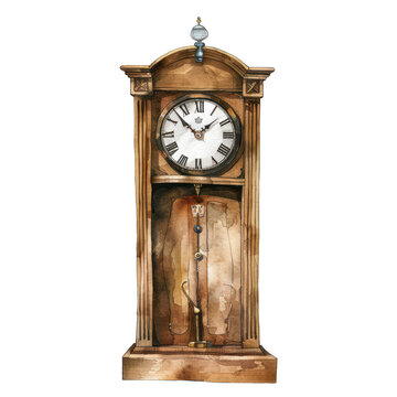 Grandfather Clock watercolor illustration isolated on transparent. png file for art work, posters, posters, cards, holiday decor.
