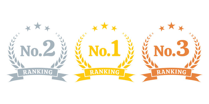 Ranking set with No. 1 rank icon. First, second and third place emblem with laurel wreath and ribbon. Best choice labels. Vector illustration.