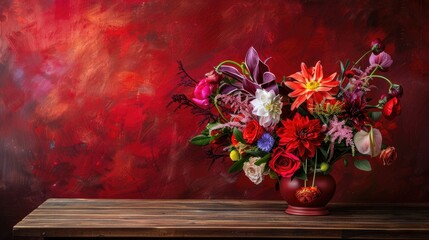 Elegant bouquet of flowers on a wooden table with a rich red background