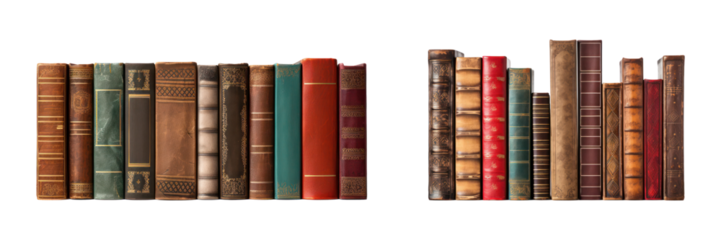 Row of Vintage Historical Books Set on Isolated Background. Literary, Antique, Education Concept