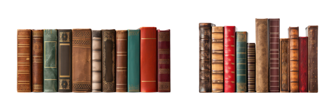 Row of Vintage Historical Books Set on Isolated Background. Literary, Antique, Education Concept
