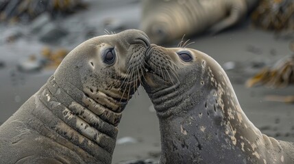 Two young elephant seals playfully nudge their heads together on a sandy beach, their whiskered faces close up