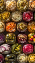 An assortment of colorful pickled vegetables in jars, beautifully arranged for a stunning visual effect.