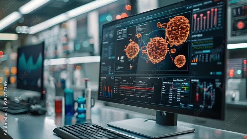 Poster a computer screen in a laboratory displays a detailed visualization of machine learning models, pote