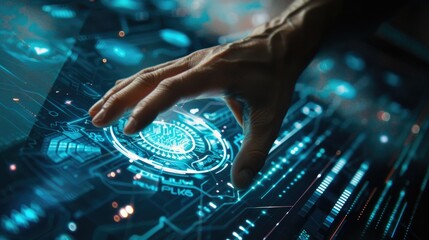 Hand touching a futuristic screen displaying innovation and information data