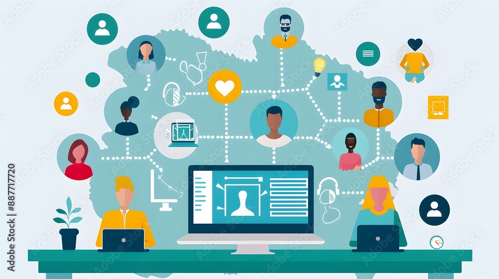 Poster a virtual collaboration hub where global teams interact through digital platforms, exchanging ideas 
