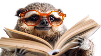 Adorable sloth wearing orange glasses, reading a book with a focused expression, against a white background.