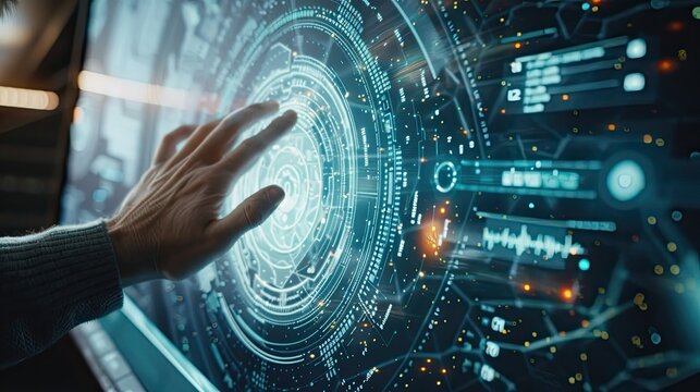 Human hand engaging with a high-tech screen, showcasing innovative information data
